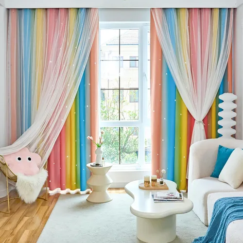 Vista 11 de Loyala Cortinas opacas de doble capa con diseño de estrellas para dormitorio de niños, bonitas, 63 pulgadas de largo, juego de 2 paneles, beige, 42