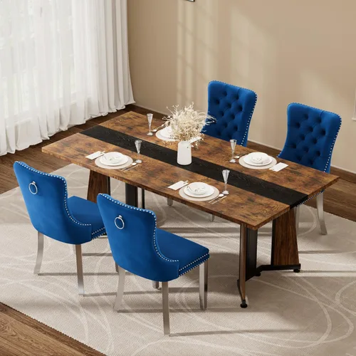 Vista 40 de Juego de mesa de comedor de 5 piezas con 4 sillas, mesa de comedor rectangular de madera de 71 pulgadas con sillas de comedor de terciopelo, tablero