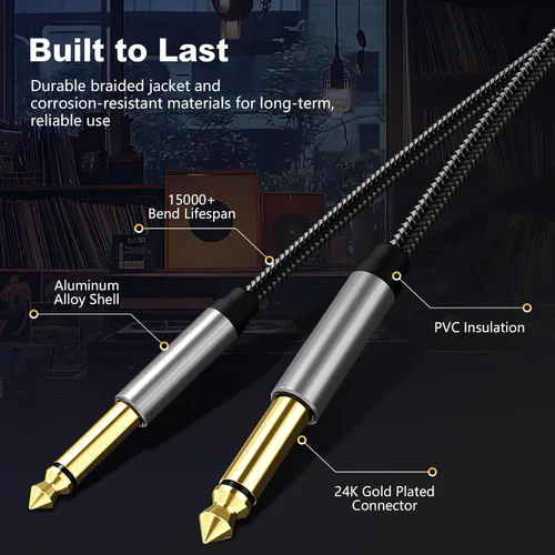 Vista 5 de Cable de instrumento de 6,35 mm 3 pies, cable de conector Jack mono 6,35 mm 1/4 pulgadas TS plateado premium desequilibrado, cable de parche