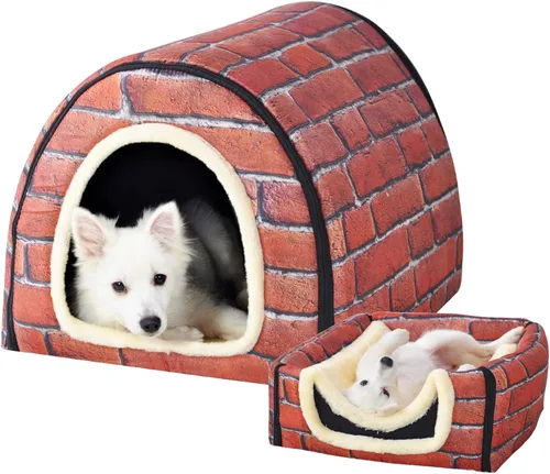 Vista 21 de Cama para gato o cama para perro, 2 formas de uso, casa de mascotas para interior con alfombra esponjosa, cubierta extraíble y lavable, fondo Grúas