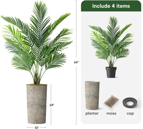 Vista 3 de Árbol artificial en maceta de diseño opcional, palmera tropical areca falsa de seda para decoración del hogar en interiores y exteriores, altura