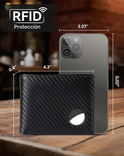 Vista 3 de Swallowmall AirTag Billetera para hombre con bloqueo RFID, de piel auténtica, plegable, para AirTag con 1 ventana de identificación, 13 tarjeteros