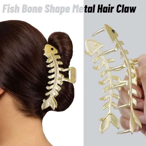 Vista 6 de REDANHA 3 pinzas de metal con forma de hueso de pescado dorado y plateado para cabello grueso y fino, accesorios para el cabello para mujeres y niñas