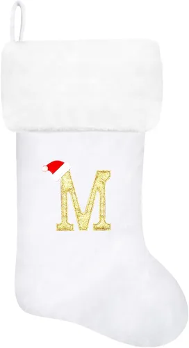 Vista 127 de Calcetines de Navidad bordados de 20 pulgadas con monograma, terciopelo negro con puño de felpa blanca supersuave, adornos clásicos para decoración