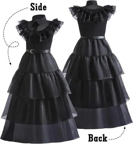 Vista 3 de GRIVOS Wednesday Addams - Disfraces de vestir para niños y niñas, fiesta familiar, disfraz de cosplay con peluca de cinturón de 4 a 14 años