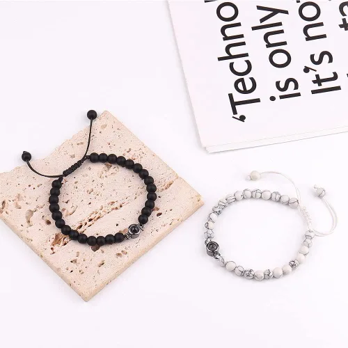 Vista 3 de XAOUS I Love You - Pulseras para parejas con proyección en 100 idiomas, cristal curativo, ágata negra, turquesa blanca, pulseras a juego para novio