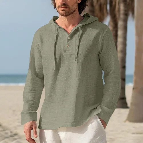 Vista 2 de Sudaderas con capucha de algodón y lino para hombre, manga larga, cuello en V, con botones, con capucha, protección solar, ligera, para la playa