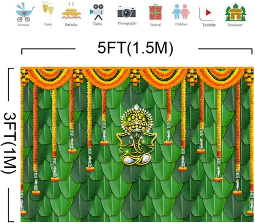 Vista 2 de Pooja Telón de Fondo Tela de Decoración Artículos Indios Ganpati Puja Tradicional Chatiya Ganesh Mehndi Fotografía Fondo Festival Boda Fiesta