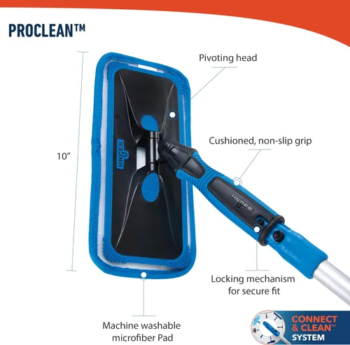 Vista 3 de Unger Kit profesional de limpieza de ventanas interiores ProClean con poste de 2 pies, herramienta de lavado con cabezal giratorio para esquinas