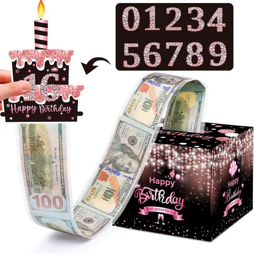 Vista 19 de Caja de regalo de cumpleaños con calcomanías de bricolaje para cualquier edad, soporte de dinero sorpresa para regalo en efectivo con tarjeta