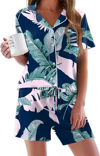 Vista 19 de Ekouaer - Conjunto de pijamas de manga corta para mujer, con botones, suave, 2 piezas, conjuntos de descanso, tallas XS-XXXL Verde Aqua