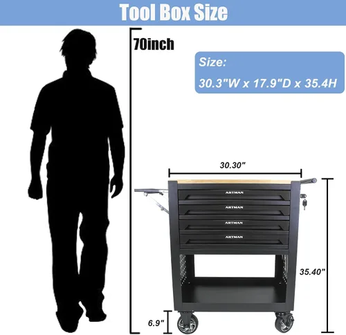 Vista 3 de Caja de herramientas con ruedas de 4 cajones, carrito de almacenamiento de herramientas con parte superior de madera, caja de herramientas