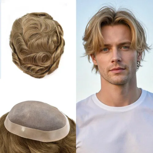 Vista 132 de Fine Mono Men Hair System Mens Toupee Real Human Hair Pieces For Men's Toupee Hair System For Men Hair Piece Natural Hairline 6X8 densidad de luz