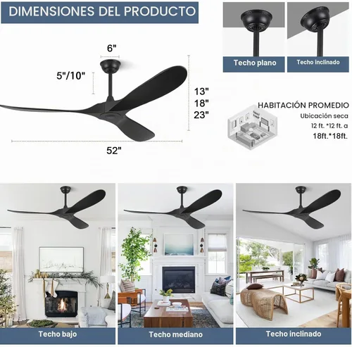 Vista 6 de Ventiladores de techo ABZ sin luces - Ventiladores de techo modernos de 52 pulgadas sin luces con control remoto, ventiladores de techo de 3 aspas
