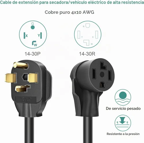 Vista 2 de Rophor Cable de extensión para secadora de 4 puntas, 30 amperios NEMA 14-30P a 14-30R cable de extensión para extensión de alimentación de secadora