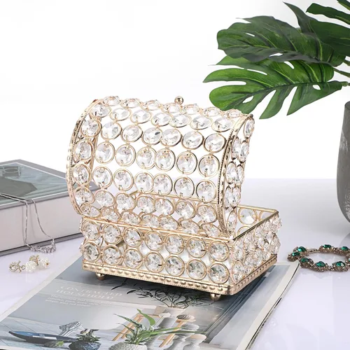 Vista 5 de Hipiwe Joyero de cristal grande dorado con tapa, organizador de joyas con espejo, caja de recuerdos, aretes, anillos, caja de joyería decorativa