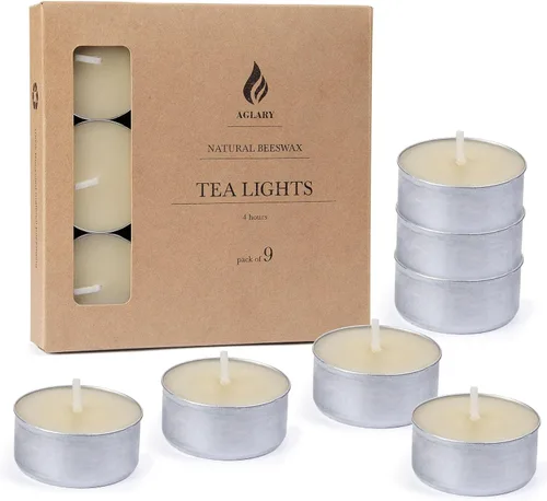 Vista 18 de Paquete de 9 velas de cera de abeja pura en vasos de aluminio, 4-5 horas de tiempo de combustión, mecha de algodón sin plomo, velas naturales sin