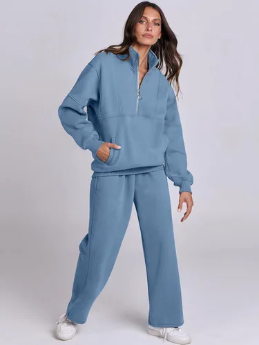 Vista 3 de ANRABESS Conjunto de 2 piezas para mujer, sudadera de gran tamaño con media cremallera a juego, pantalón de pierna ancha, conjunto de ropa