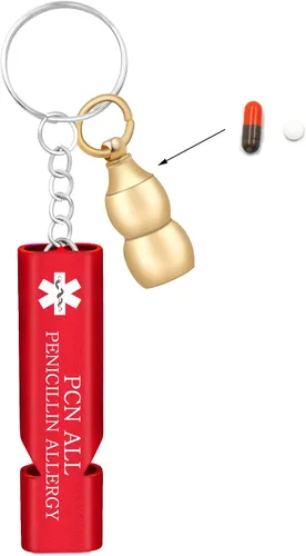 Vista 8 de Llavero médico de emergencia con silbato de seguridad fuerte y pastillero, herramienta de alerta EDC para personas mayores, adultos, uso al aire