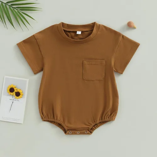 Vista 2 de Enterizo de manga corta para bebés niños y niñas, de gran tamaño, color sólido, con bolsillo, traje