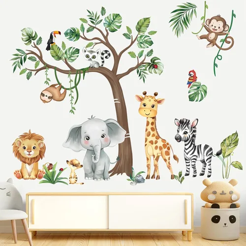 Vista 10 de decalmile Pegatinas de pared de animales de la jungla 3D, calcomanías de pared de animales del bosque, elefante, león, mono, calcomanías