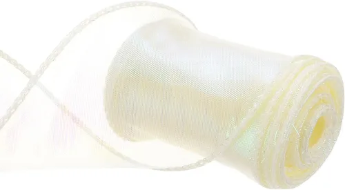 Vista 8 de MECCANIXITY - Cinta de organza con cable de 1 1/2" de ancho, brillante, transparente, con brillo irisado en tonos pastel, cinta de gasa para Beige
