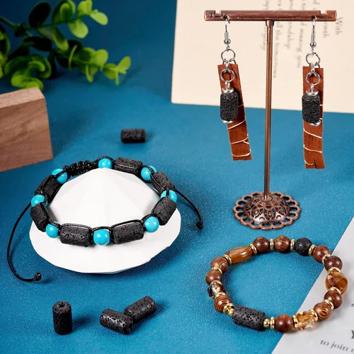 Vista 4 de Craftdady 25 cuentas de piedra de lava negra natural, tubo de columna, piedras preciosas volcánicas, cuentas sueltas para curación de energía
