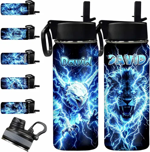 Vista 8 de InterestPrint Botella de agua personalizada para niños de 18 onzas con tapa de pajilla, botella de agua aislada de doble pared de acero inoxidable