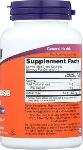 Vista 6 de Now Foods D-manosa, 120 cápsulas 500 mg (paquete de 3)