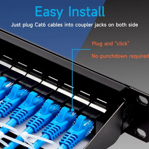 Vista 3 de Panel de conexión RJ45 de 24 puertos con alimentación Cat6, panel de red acoplador de 19 pulgadas, panel de conexión Ethernet Keystone en línea