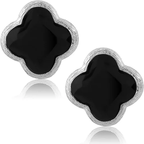 Vista 2 de 18K Gold Plated Sterling Silver Flower Shape Clover Designs Black Onyx Diamond Cut Stud Earrings For Women