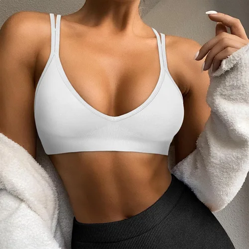 Vista 5 de Brasier deportivo para mujer, con cuello en V, tirantes cruzados, brasier de yoga acolchado, soporte medio, entrenamiento, gimnasio, atlético
