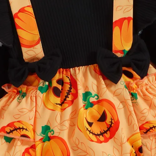 Vista 6 de Trajes de Halloween para bebé recién nacida camiseta de manga larga con volantes de calabaza camiseta con tirantes cortos mameluco para otoño