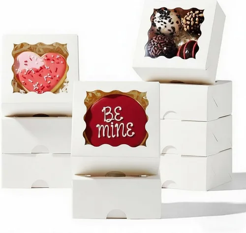 Vista 7 de RomanticBaking 50 cajas de trufas de chocolate para 4 unidades, mini cajas de panadería con ventana para brownie, galletas, jabón, donas, macarrones