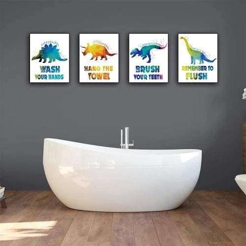 Vista 3 de CHIEN-CHI LILI Juego de 4 impresiones artísticas de dinosaurio para baño con frase motivacional para niños, niñas, hijas, hijo, sobrino, póster