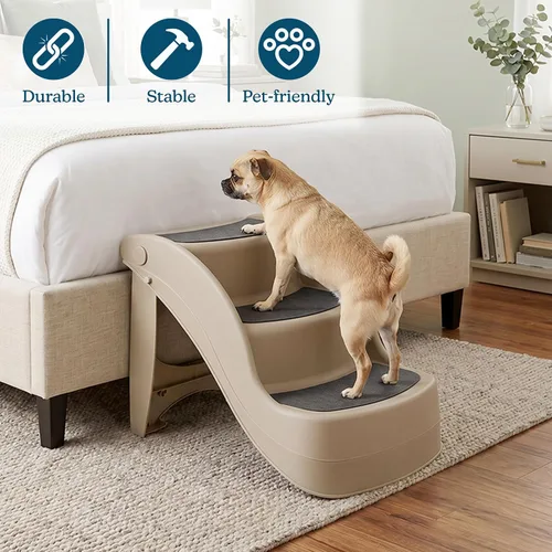 Vista 2 de Escaleras plegables de plástico para mascotas, durables, interiores o al aire libre, diseño de 4 pasos, 3 pasos, Bronceado