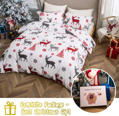 Vista 7 de MILDLY - Juego de funda de edredón de Navidad, tamaño King, microfibra suave, diseño de reno, copo de nieve, para regalos de Navidad