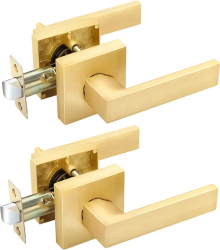Vista 31 de EHOMEWARE - Juego de manijas de puerta delantera doble de latón, manija de puerta de latón cuadrado resistente en oro y cerradura de un solo