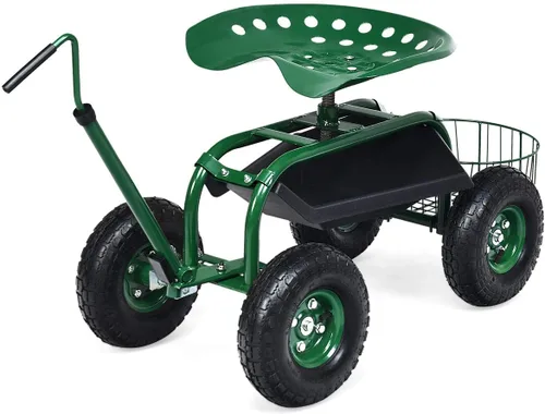 Vista 12 de Goplus Carrito de jardín rodante con asiento, taburete de jardín al aire libre con ruedas, bandeja de herramientas y cesta, mango de dirección