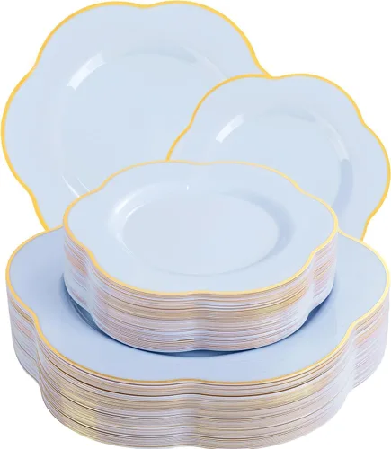 Vista 12 de Liacere 100 platos cuadrados de plástico blanco y plateado, 50 platos de cena blancos resistentes de 9.5 pulgadas y 50 platos de postre de 6 Blanco