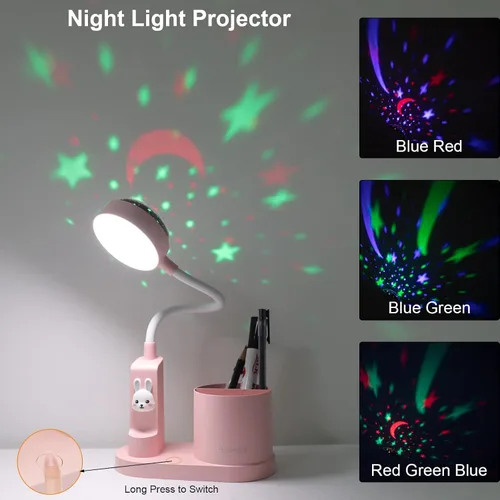 Vista 2 de Lámpara de escritorio rosa para oficina en casa, pequeña luz de mesa táctil para niños Eye-Care Dimmable Bedside Reading Light, Flexible