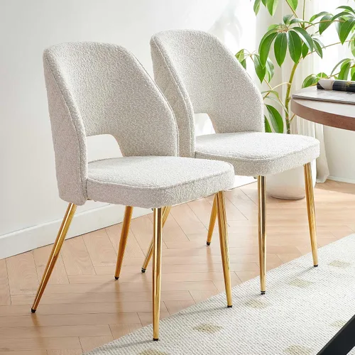 Vista 2 de NORDICANA Juego de 2 sillas de comedor modernas, sillas acentuadas tapizadas en beige bouclé con patas doradas de metal, sillas laterales