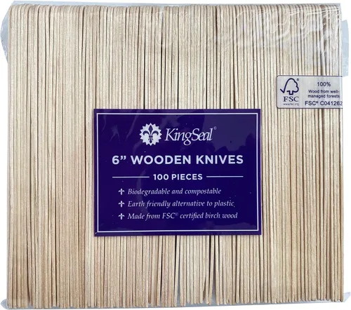 Vista 3 de KingSeal Cuchillo de madera desechable certificado FSC, biodegradable y respetuoso con el medio ambiente, 6.5 pulgadas de largo, 100