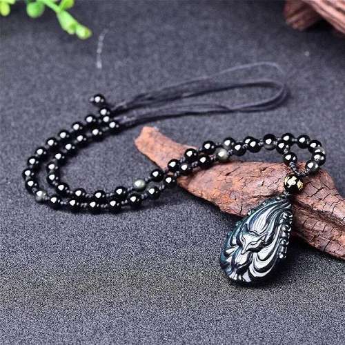 Vista 7 de Collar con colgante de zorro de nueve colas de cristal de obsidiana con cadena de cuentas para wen o mujeres