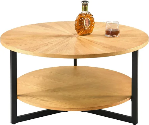Vista 9 de LEEMTORIG KFZ-1338 Mesa de centro redonda de madera de 33.5 pulgadas, mesa de centro redonda de 2 niveles con almacenamiento para sala de estar