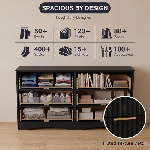 Vista 4 de JUMMICO Dresser for Bedroom, 47.2" Fluted Wood Chest of Drawers, Black