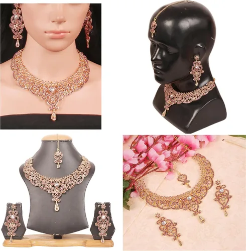 Vista 55 de Conjunto precioso de collar con look real Indian Bollywood, maravillosamente decorado, conjunto de collar adornado para mujer.