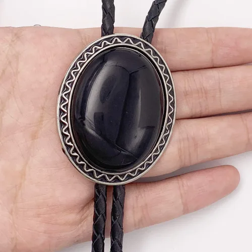 Vista 3 de SELOVO Genunie - Corbata de cuero con diseño de bolo nativo occidental Negro