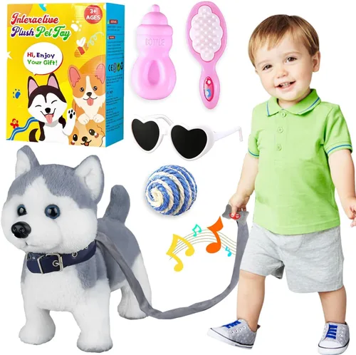 Vista 7 de Marsjoy Juguete de perro musical que camina y baila con correa - Animal de peluche interactivo para niños y niñas Pomerania