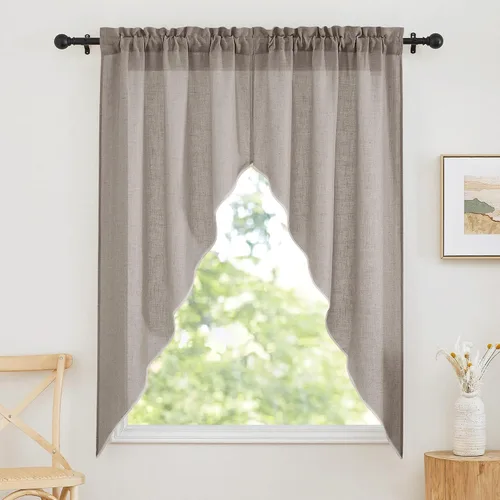 Vista 58 de RYB HOME - Cortinas de café de 24 pulgadas de largo, cortinas cortas de lino traslúcidas para ventana pequeña, cortina de media privacidad con Angora